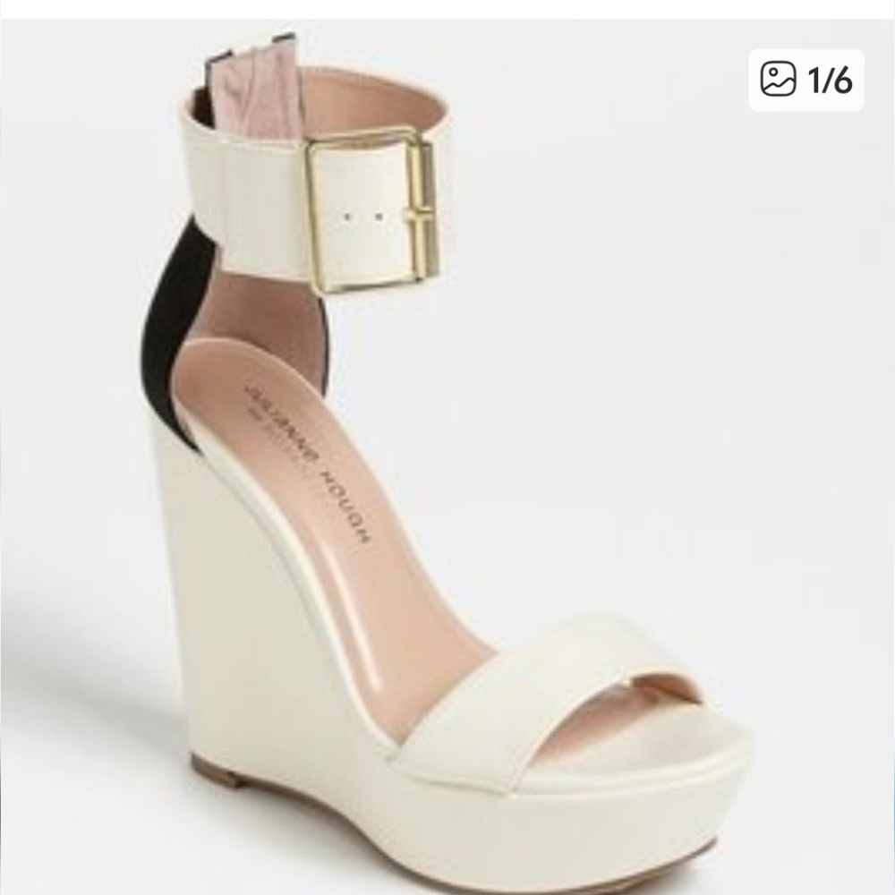 JULIANNE HOUGH-Sole Society Cream and Black Wedge Heels